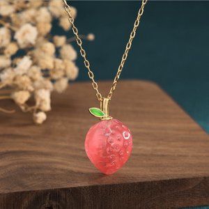 Natural Jade Agate Jewelry Strawberry Pendant With Chain Necklace 24K Gold Plate